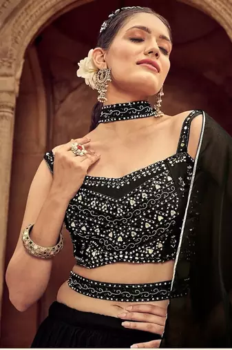 Black Hend Work Georgette Semi Stitched Lehenga Set