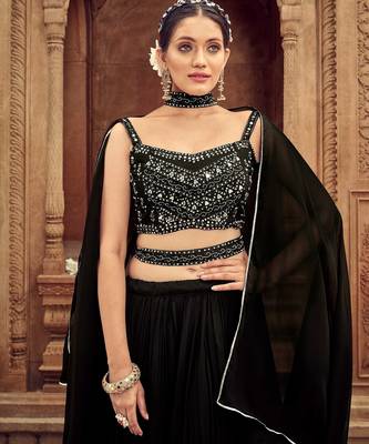 Black Hend Work Georgette Semi Stitched Lehenga Set 3