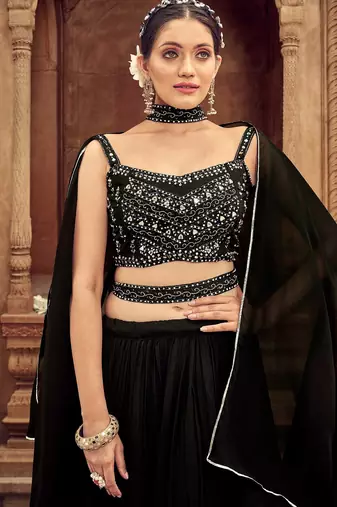 Black Hend Work Georgette Semi Stitched Lehenga Set