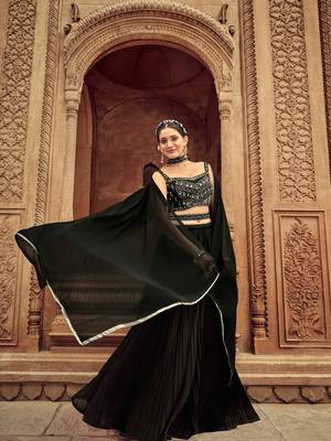 Black Hend Work Georgette Semi Stitched Lehenga Set 4