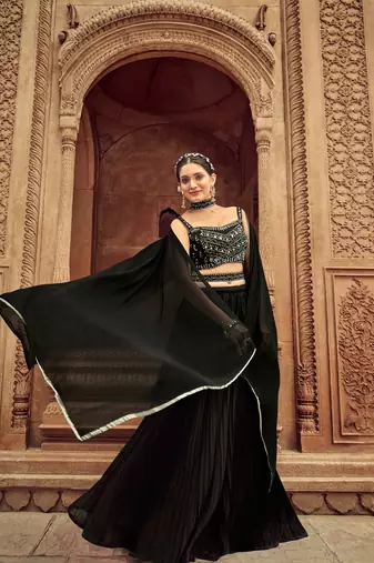 Black Hend Work Georgette Semi Stitched Lehenga Set