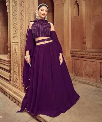 Purple Hend Work Georgette Semi Stitched Lehenga Set 1