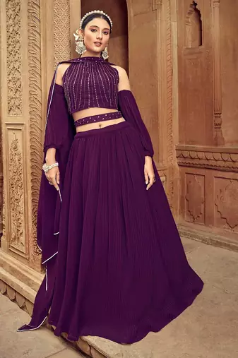 Purple Hend Work Georgette Semi Stitched Lehenga Set