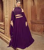 Purple Hend Work Georgette Semi Stitched Lehenga Set