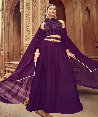 Purple Hend Work Georgette Semi Stitched Lehenga Set 2