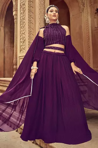 Purple Hend Work Georgette Semi Stitched Lehenga Set