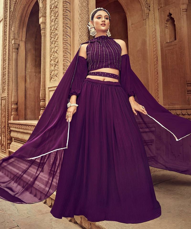 Purple Hend Work Georgette Semi Stitched Lehenga Set