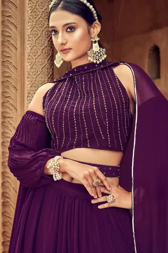 Purple Hend Work Georgette Semi Stitched Lehenga Set