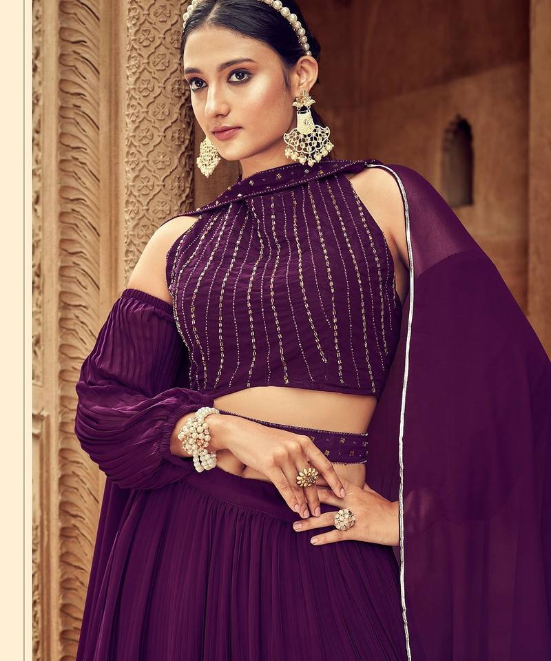Purple Hend Work Georgette Semi Stitched Lehenga Set