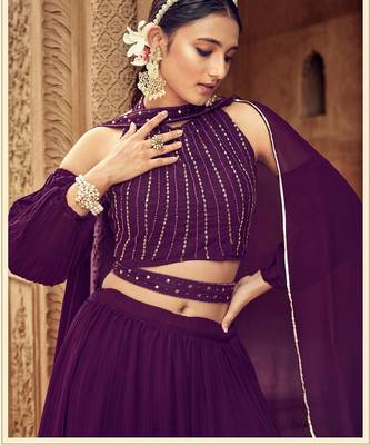 Purple Hend Work Georgette Semi Stitched Lehenga Set 4
