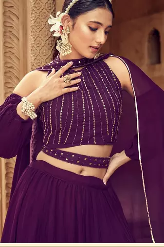 Purple Hend Work Georgette Semi Stitched Lehenga Set