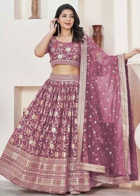 Mauve Embroidery Zari & Sequins Jacquard Semi Stitched Lehenga Set 1