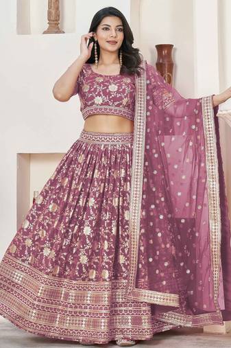 Mauve Embroidery Zari & Sequins Jacquard Semi Stitched Lehenga Set