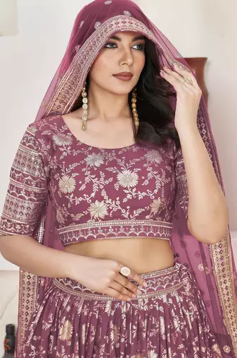 Mauve Embroidery Zari & Sequins Jacquard Semi Stitched Lehenga Set