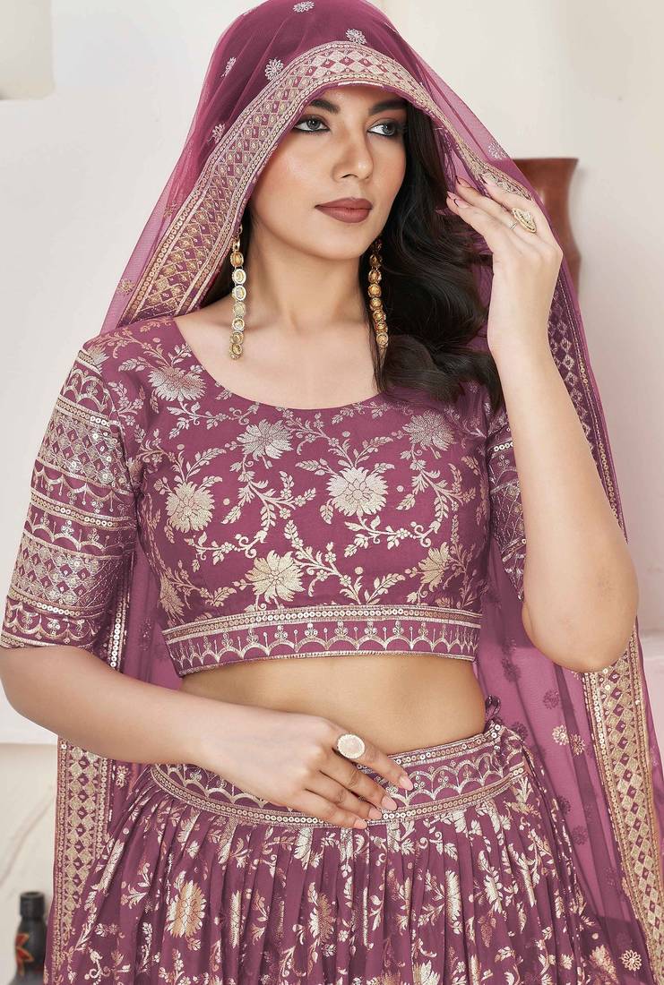Mauve Embroidery Zari & Sequins Jacquard Semi Stitched Lehenga Set