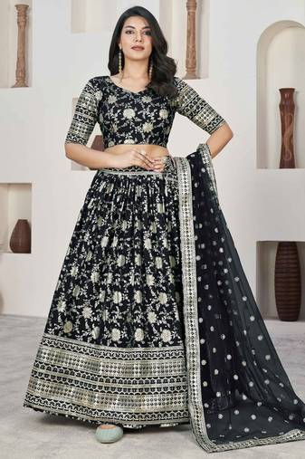 Black Embroidery Zari & Sequins Jacquard Semi Stitched Lehenga Set