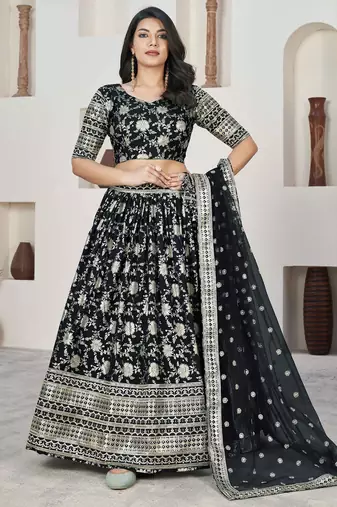 Black Embroidery Zari & Sequins Jacquard Semi Stitched Lehenga Set