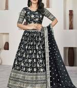 Black Embroidery Zari & Sequins Jacquard Semi Stitched Lehenga Set