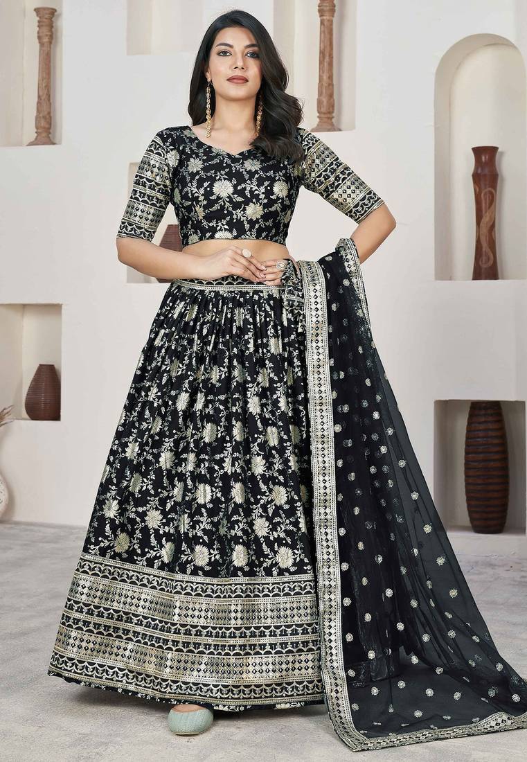 Black Embroidery Zari & Sequins Jacquard Semi Stitched Lehenga Set