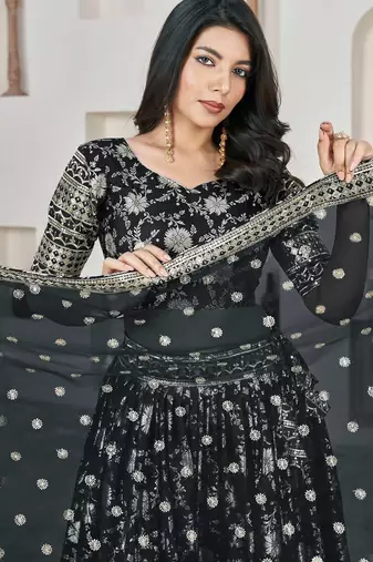 Black Embroidery Zari & Sequins Jacquard Semi Stitched Lehenga Set