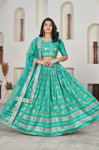 Turquoise Embroidery Zari & Sequins Jacquard Semi Stitched Lehenga Set
