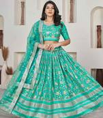 Turquoise Embroidery Zari & Sequins Jacquard Semi Stitched Lehenga Set