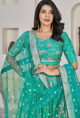 Turquoise Embroidery Zari & Sequins Jacquard Semi Stitched Lehenga Set 2