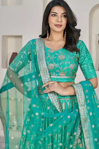 Turquoise Embroidery Zari & Sequins Jacquard Semi Stitched Lehenga Set