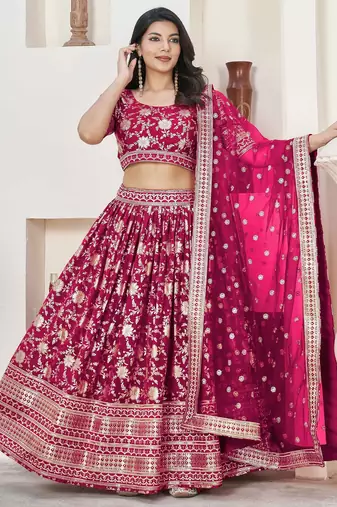 Pink Embroidery Zari & Sequins Jacquard Semi Stitched Lehenga Set