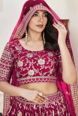 Pink Embroidery Zari & Sequins Jacquard Semi Stitched Lehenga Set 2