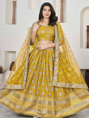 Yellow Embroidery Zari & Sequins Jacquard Semi Stitched Lehenga Set 1
