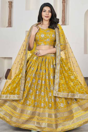 Yellow Embroidery Zari & Sequins Jacquard Semi Stitched Lehenga Set