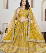 Yellow Embroidery Zari & Sequins Jacquard Semi Stitched Lehenga Set