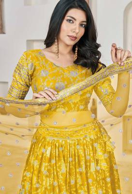Yellow Embroidery Zari & Sequins Jacquard Semi Stitched Lehenga Set 2