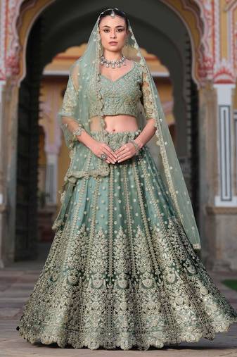 Grey Embroidery Daimond & Sequins Net Semi Stitched Lehenga Set