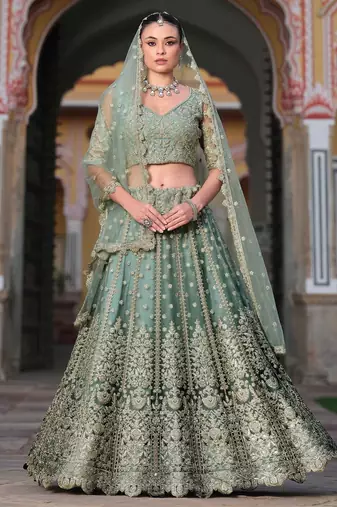 Grey Embroidery Daimond & Sequins Net Semi Stitched Lehenga Set
