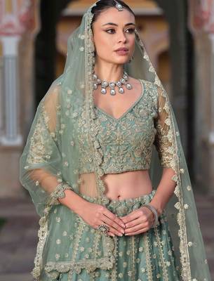 Grey Embroidery Daimond & Sequins Net Semi Stitched Lehenga Set 2