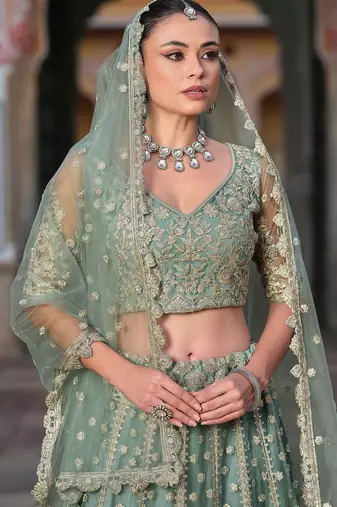 Grey Embroidery Daimond & Sequins Net Semi Stitched Lehenga Set