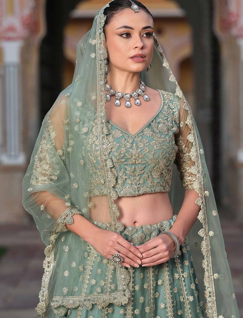 Grey Embroidery Daimond & Sequins Net Semi Stitched Lehenga Set