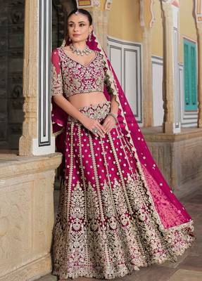 Pink Embroidery Daimond & Sequins Net Semi Stitched Lehenga Set 1