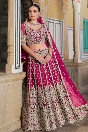 Pink Embroidery Daimond & Sequins Net Semi Stitched Lehenga Set