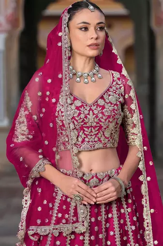Pink Embroidery Daimond & Sequins Net Semi Stitched Lehenga Set