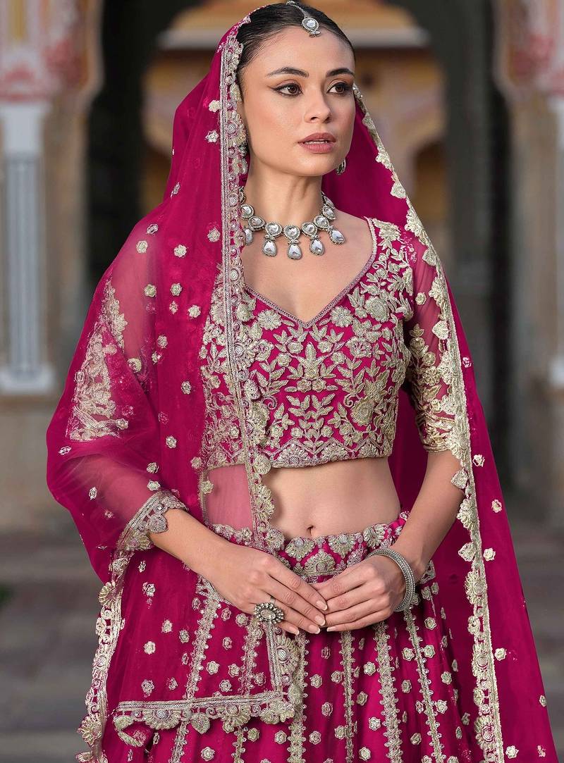 Pink Embroidery Daimond & Sequins Net Semi Stitched Lehenga Set