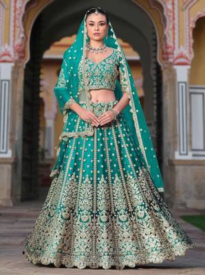 Turquoise Blue Embroidery Daimond & Sequins Net Semi Stitched Lehenga Set 1