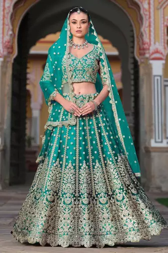 Turquoise Blue Embroidery Daimond & Sequins Net Semi Stitched Lehenga Set