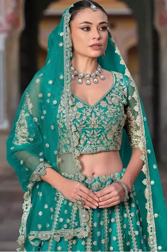 Turquoise Blue Embroidery Daimond & Sequins Net Semi Stitched Lehenga Set