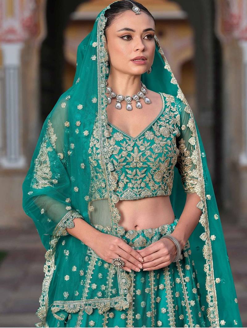 Turquoise Blue Embroidery Daimond & Sequins Net Semi Stitched Lehenga Set