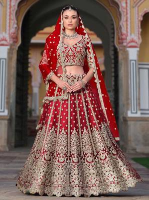 Red Embroidery Daimond & Sequins Net Semi Stitched Lehenga Set 1