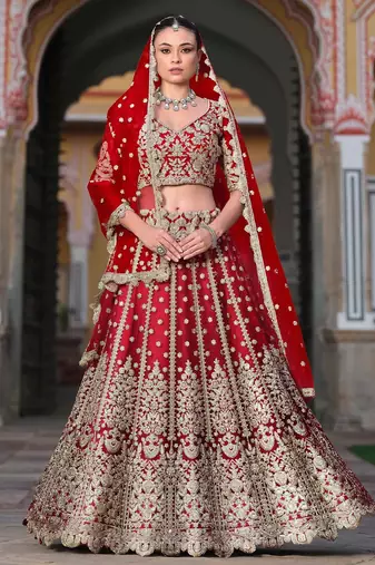 Red Embroidery Daimond & Sequins Net Semi Stitched Lehenga Set