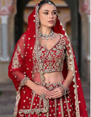 Red Embroidery Daimond & Sequins Net Semi Stitched Lehenga Set 2
